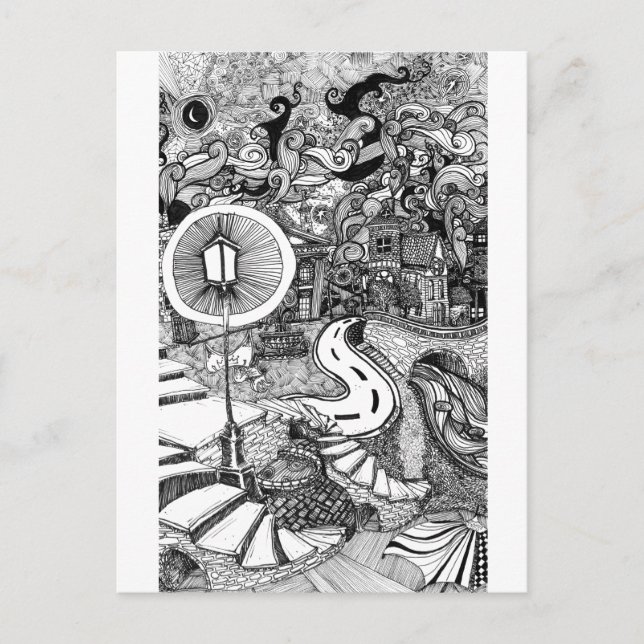 Postal Escaleras bajo la pluma de luz y ilustracion de ti (Anverso)