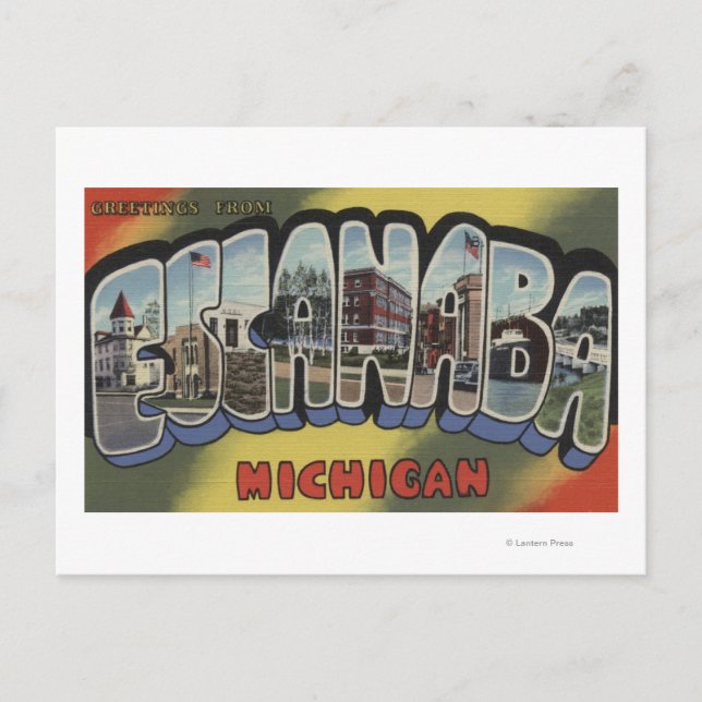 Postal Escanaba, Michigan - Escenas de letras grandes (Anverso)