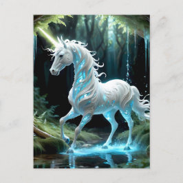 Postal Escándalo, unicornio azul y blanco camina en corri