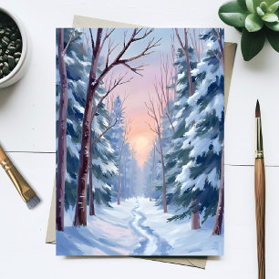 Postal Escape Nevado   Pintura en Acuarela del Bosque de 