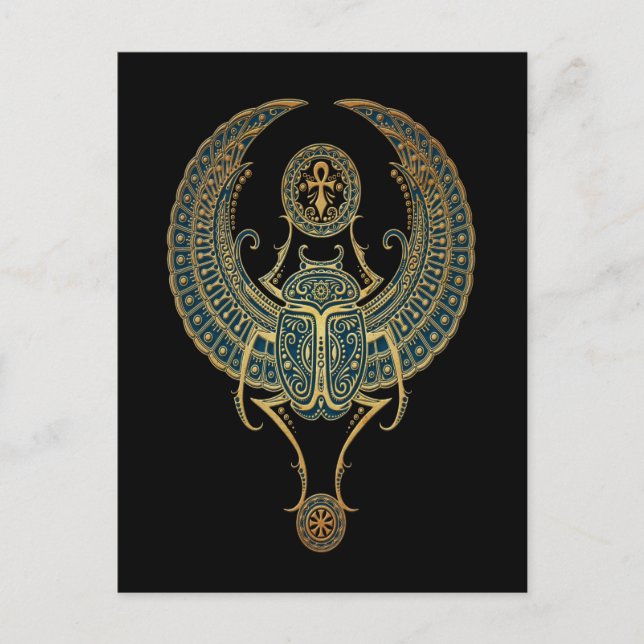 Postal Escarabajo egipcio alado azul con negro ankh (Anverso)