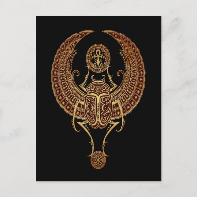 Postal Escarabajo egipcio de carab rojo con negro ankh (Anverso)