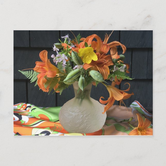 Postal Escarcha de seda naranja Floral Still Life (Anverso)