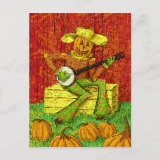 Postal Escarecrow tocando la pintura banjo