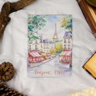 Postal Escena callejera parisina con Torre Eiffel