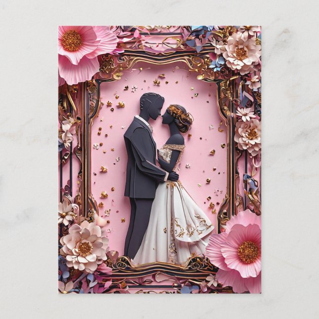 Postal Escena de boda con silueta de papel romántico (Anverso)
