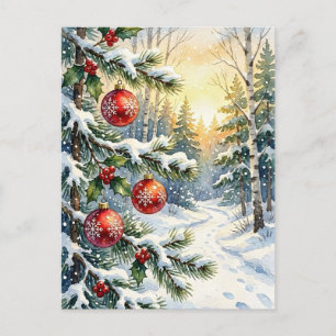 Postal Escena de bosque navideño nevado