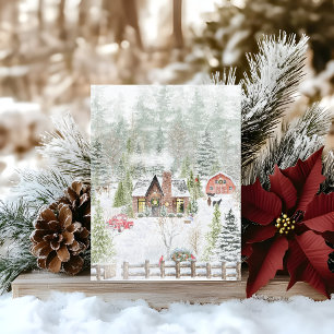 Postal Escena de cabaña de Navidad de invierno nevado
