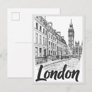 Postal Escena de calle emblemática de Londres dibujada a 