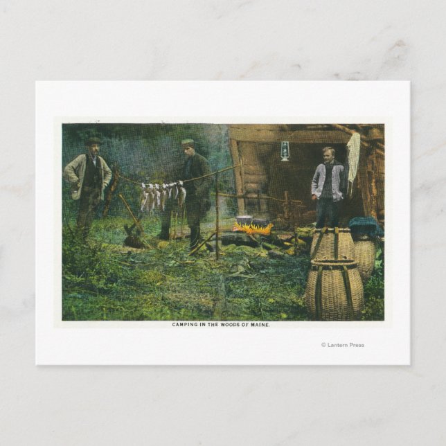 Postal Escena de campamento de hombres acampando en Maine (Anverso)