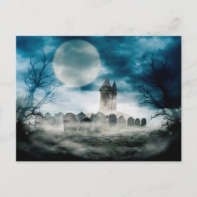 Postal Escena de Halloween. Casa embrujada. (Anverso)