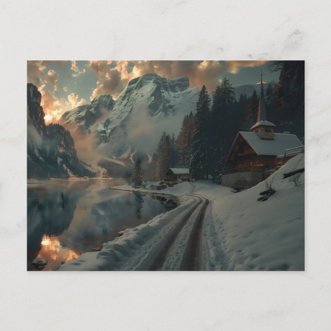 Postal Escena de invierno con edificios de madera (Anverso)