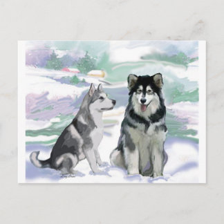 Postal Escena de invierno de Alaskan Malamute