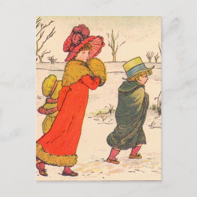 Postal Escena de invierno de Kate Greenaway (Anverso)