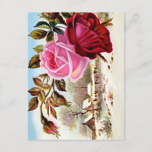 Postal Escena de invierno y flores