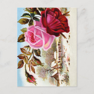 Postal Escena de invierno y flores