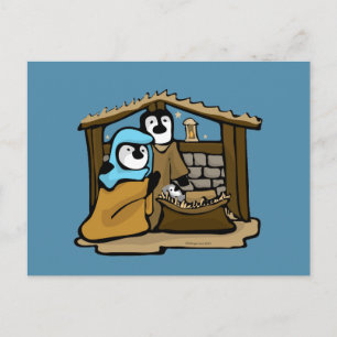 Postal Escena de la Natividad de Pingüinos
