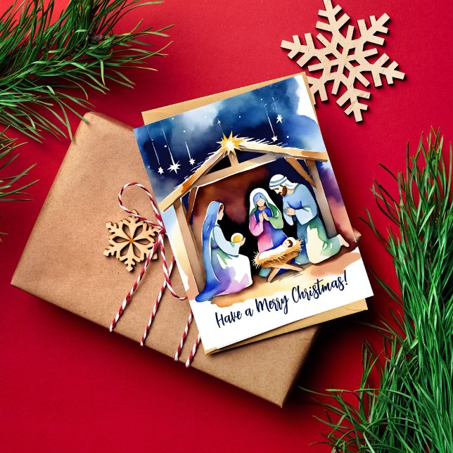 Postal Escena de la Natividad Saludos de Navidad Religios (Watercolor Nativity scene Christmas greetings postcard baby Jesus in a shed religious greetings card)