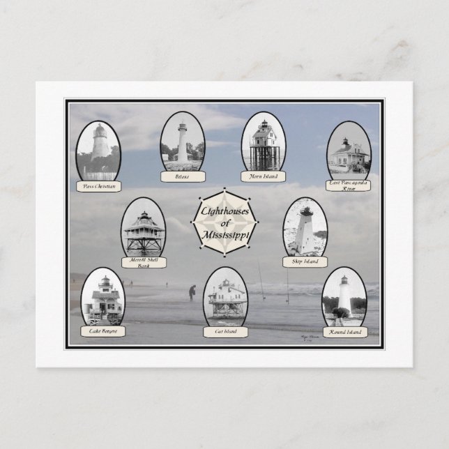 Postal Escena de Mississippi Lighthouses-Beach (Anverso)
