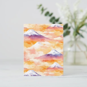 Postal Escena de montañas nevadas al atardecer en acuarel
