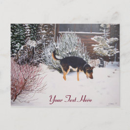 Postal Escena de nieve de invierno con perro negro lindo