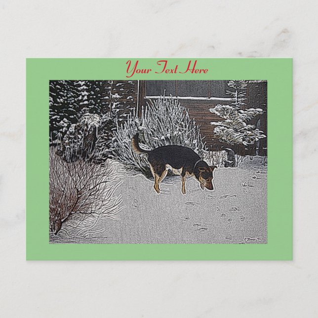 Postal Escena de nieve de invierno con perro negro lindo  (Anverso)