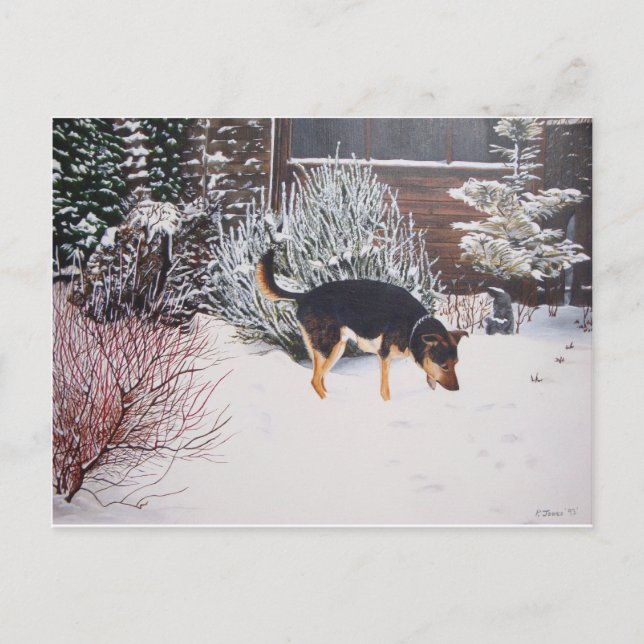 Postal Escena de nieve de invierno con perro negro lindo  (Anverso)