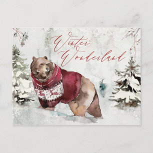 Postal Escena de nieve en invierno rústico con oso salvaj