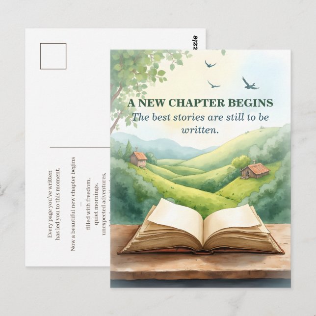 Postal Escena de paisaje de nuevo capítulo de libro abier (Anverso / Reverso)