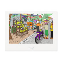 Escena de Postcard Street en Asia con moto