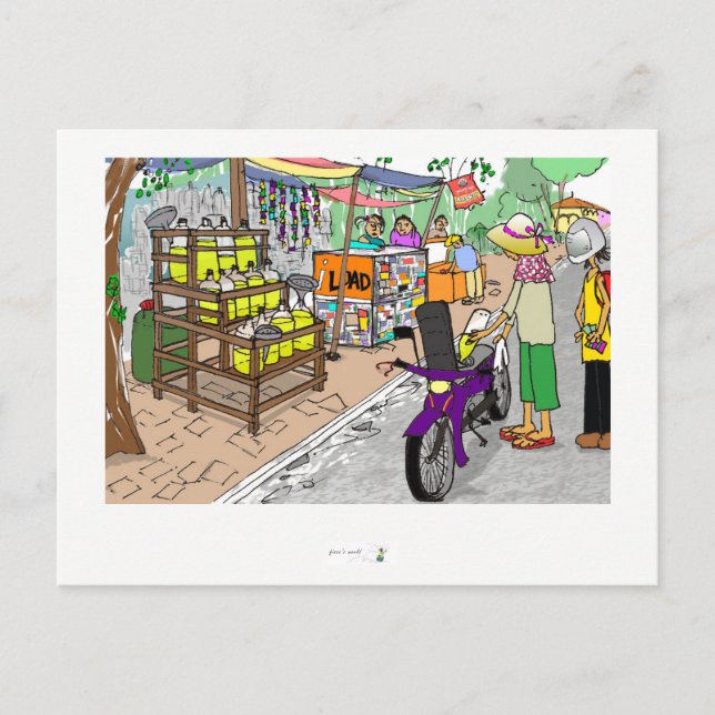 Postal Escena de Postcard Street en Asia con moto (Anverso)