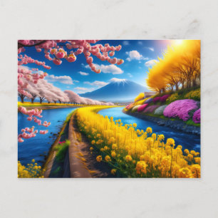 Postal Escena de primavera con flores de cerezo y montaña