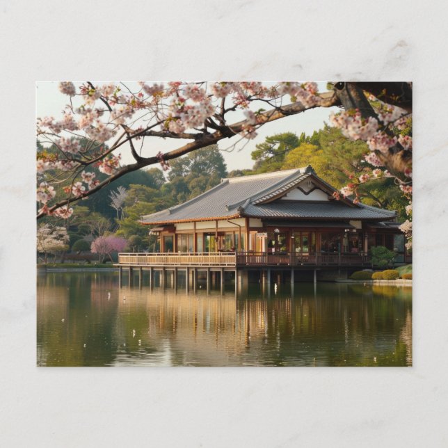 Postal Escena de primavera japonesa con estanque y flor d (Anverso)