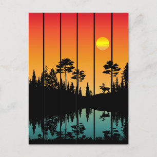 Postal Escena del amanecer del bosque del atardecer vinta