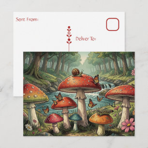 Postal Escena del bosque de hongos Cottagecore caprichosa