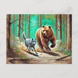 Postal Escena del bosque de Wolf and Bear Chase Pastel Ch