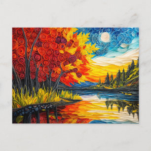 Postal Escena del lago en verano indio en quilling