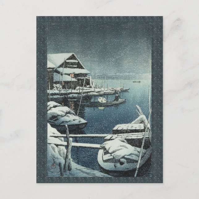 Postal Escena del lago Hasui Kawase Winter Snow  (Anverso)