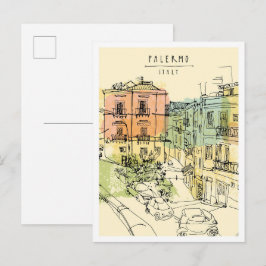 Postal Escena emblemática de Palermo Italia dibujada a ma