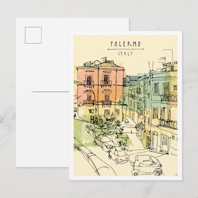 Postal Escena emblemática de Palermo Italia dibujada a ma (Anverso / Reverso)