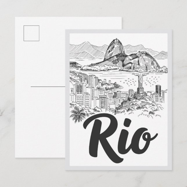 Postal Escena emblemática dibujada a mano de Río de Janei (Anverso / Reverso)