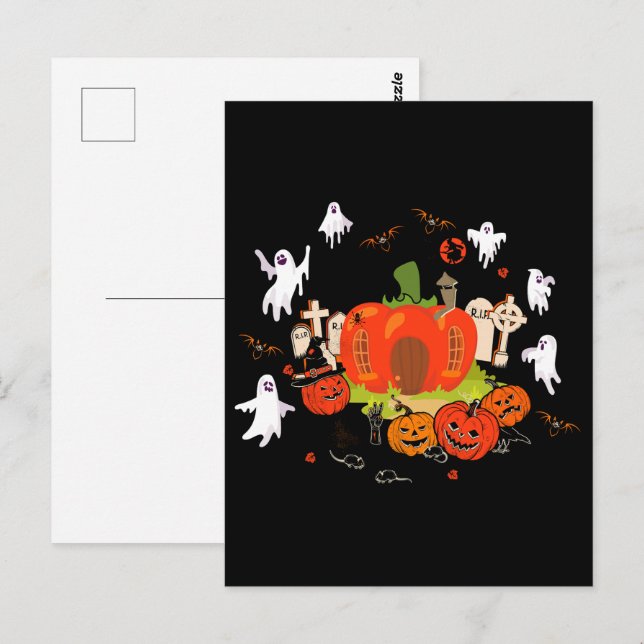 Postal Escena espeluznante de calabaza de Halloween en un (Anverso / Reverso)