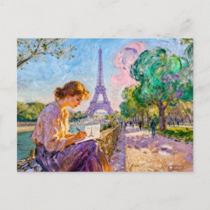 Postal Escena impresionista de París en la orilla del río