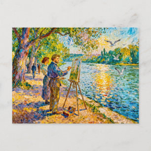 Postal Escena impresionista de pintor junto al río con pa