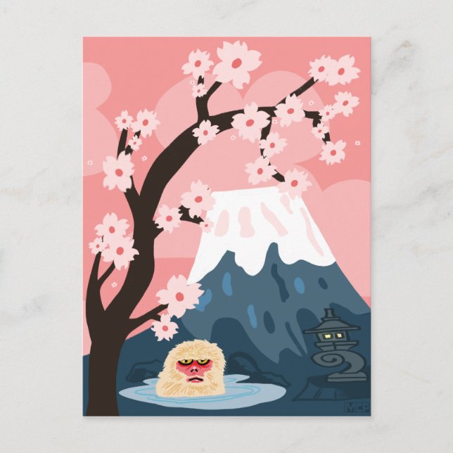 Postal Escena japonesa con mono de nieve y el Monte Fuji (Anverso)