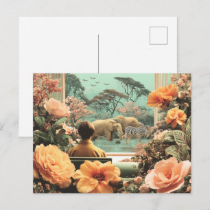 Postal Escena surrealista de safari con elefantes y cebra