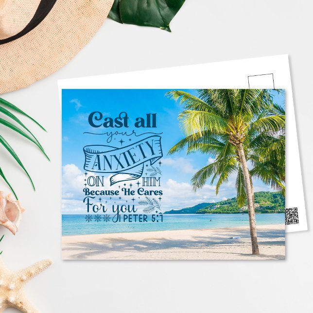 Postal Escenario de playa tropical, 1 Peter 5:7 Verso de  (Subido por el creador)