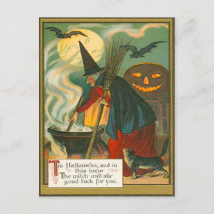 Postal Escoba de bruja caldero Jack O Lantern Murciélago