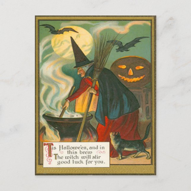 Postal Escoba de bruja caldero Jack O Lantern Murciélago  (Anverso)