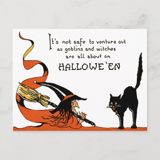 Postal Escoba de Bruja Gato Negro (Anverso)